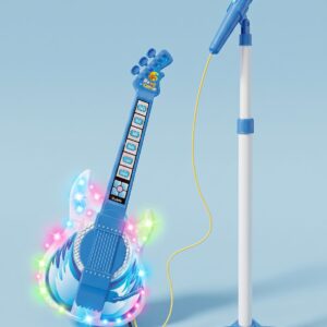 Guitarra azul con microfono pedestal