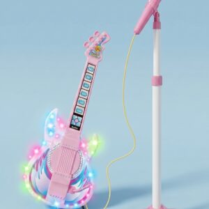 Guitarra rosada con microfono pedestal